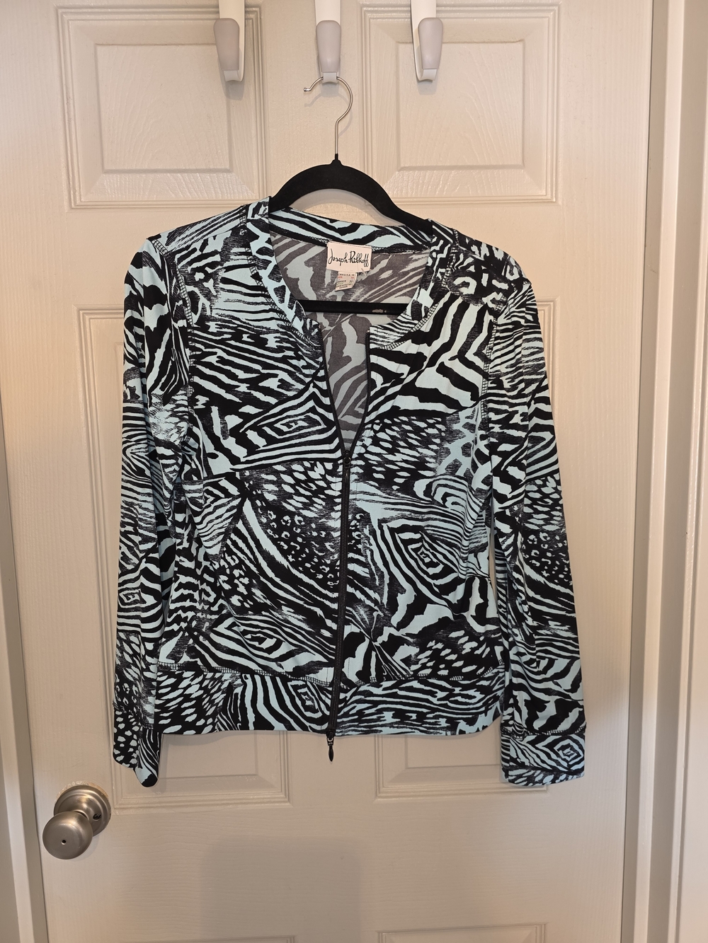 Joseph Ribkoff Black and Light Blue Animal Print Abstract Zip Jacket